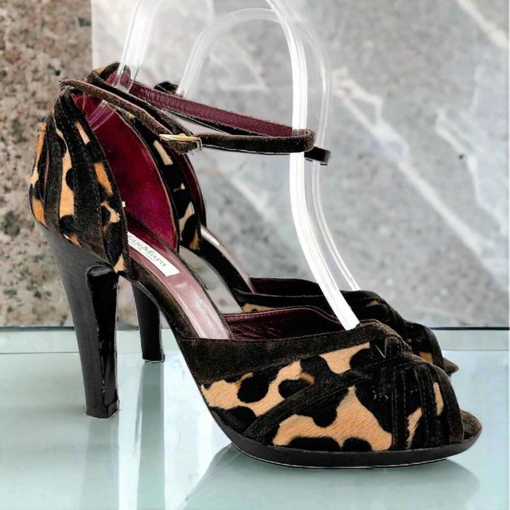 Max Mara Leopard Print Calf Hair & Suede Peep Toe Ankle Strap Heels Size 36/6